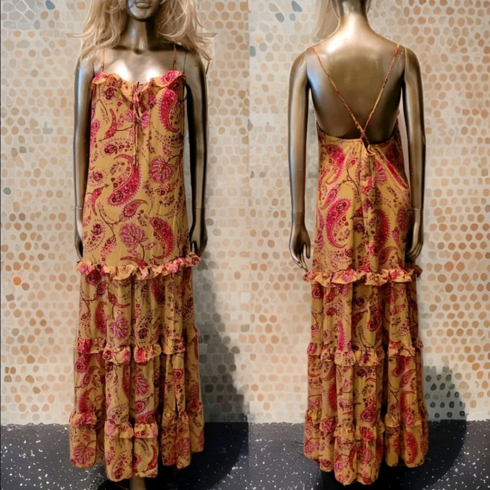NWT Romantic Paisley Print Crisscross Backless Layered Hem Maxi Dress Sz M - Picture 3 of 14